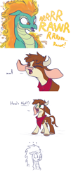 Size: 1000x2478 | Tagged: safe, artist:heir-of-rick, arizona cow, tianhuo, cow, longma, them's fightin' herds, ..., :t, arizonadorable, bandana, cloven hooves, comic, community related, cute, female, mane of fire, war face