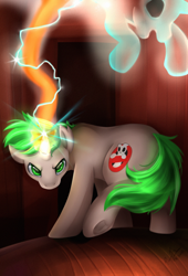 Size: 1720x2533 | Tagged: safe, artist:pridark, oc, oc only, ghost, ghost pony, beam, bustin' makes me feel good, determined, facing you, ghostbuster, ghostbusters, glow, green eyes, haunted, magic, power, proton beam, proton pack, shooting, turning