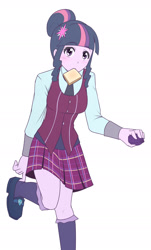 Size: 1280x2116 | Tagged: safe, artist:jonfawkes, sci-twi, twilight sparkle, equestria girls, friendship games, clothes, crystal prep academy uniform, cute, looking at you, magic capture device, mouth hold, nom, school uniform, schoolgirl toast, skirt, solo, toast, twiabetes