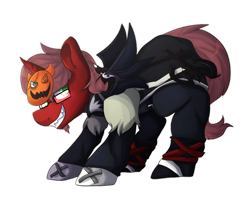 Size: 1024x817 | Tagged: safe, artist:oddends, oc, oc only, oc:sojourner, pony, unicorn, bat wings, brown mane, crouching, glasses, green eyes, halloween, holiday, jack-o-lantern, keyblade, kingdom hearts, looking at you, mask, messy hair, messy mane, pumpkin, red fur, sharp teeth, smiling, solo, sora, wings