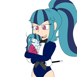 Size: 2000x2000 | Tagged: safe, artist:allengutairhero, sonata dusk, equestria girls, baby, clothes, cute, daaaaaaaaaaaw, heartwarming, hnnng, hug, humanized, leotard, magician, pajamas, self paradox, simple background, sleeping, sonatabetes, wand, younger