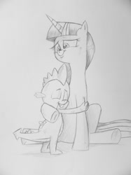 Size: 1280x1707 | Tagged: safe, artist:saturdaymorningproj, spike, twilight sparkle, dragon, hug, monochrome, sketch, spikelove, traditional art