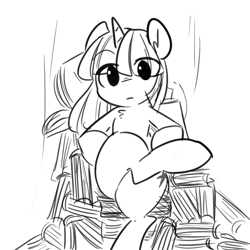 Size: 1000x1000 | Tagged: safe, artist:glacierclear, twilight sparkle, pony, unicorn, book, crossed legs, female, looking at you, mare, monochrome, sitting, sketch, solo, that pony sure does love books, throne