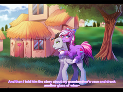 Size: 1500x1126 | Tagged: safe, artist:margony, oc, oc only, carrying, glass, ponies riding ponies, ponyville, scenery, tree