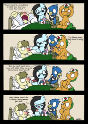 Size: 2480x3507 | Tagged: safe, artist:bobthedalek, oc, oc only, oc:kettle master, oc:star peace, oc:tilly towell, earth pony, griffon, pony, bed, caring for the sick, cold, comic, eyeroll, frown, glare, glasses, grumpy, medicine, nose wrinkle, raised eyebrow, red nosed, sick, sitting, thinking, wide eyes
