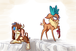 Size: 1250x850 | Tagged: safe, artist:heir-of-rick, arizona cow, velvet reindeer, cow, deer, reindeer, them's fightin' herds, bandage, bandana, cloven hooves, community related, female, ice pack, injured, story in the comments