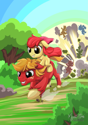 Size: 955x1351 | Tagged: safe, artist:mysticalpha, apple bloom, big macintosh, earth pony, pony, brotherhooves social, explosion, floppy ears, grin, male, ponies riding ponies, running, stallion, that was fast