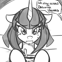 Size: 500x500 | Tagged: dead source, safe, artist:reiduran, oc, oc only, oc:necropone, pony, unicorn, crying, floppy ears, ice cream, monochrome, sad, sketch, solo, television, wavy mouth