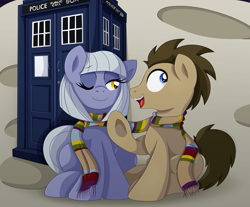 Size: 1353x1120 | Tagged: safe, artist:pearlyiridescence, doctor whooves, limestone pie, pony, clothes, doctor who, doctorlime, looking back, male, moon, one eye closed, open mouth, scarf, shared clothing, shared scarf, shipping, sitting, smiling, stallion, straight, tardis, underhoof