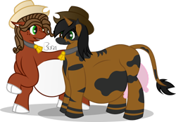 Size: 1024x712 | Tagged: safe, artist:bronzepony, oc, oc only, oc:bronze, oc:southern comfort, cow pony, belly, cloven hooves, cowbell, hat, implied vore, udder