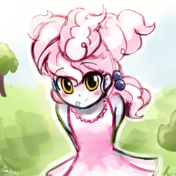 Size: 750x750 | Tagged: safe, artist:lumineko, cotton puff, human, brotherhooves social, equestria girls, blushing, clothes, cute, dress, equestria girls-ified, female, hands behind back, humanized, solo, tongue out