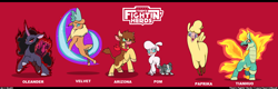 Size: 2168x691 | Tagged: safe, artist:droll3, arizona cow, oleander, paprika paca, pom lamb, tianhuo, velvet reindeer, alpaca, classical unicorn, cow, deer, lamb, longma, reindeer, sheep, sheep dog, them's fightin' herds, calf, cloven hooves, community related, fightin' six, fire, leonine tail, mane of fire, puppy, red background, simple background, unicornomicon