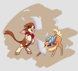 Size: 963x877 | Tagged: safe, artist:alorix, arizona cow, velvet reindeer, cow, deer, reindeer, them's fightin' herds, bandana, cloven hooves, community related, cute, eyes closed, feather, female, grin, lesbian, mouth hold, pillow, pillow fight, rearing, shipping, smiling, velvezona, velvezona daily