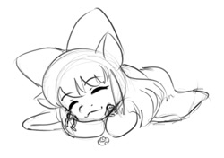 Size: 434x306 | Tagged: safe, artist:alloyrabbit, apple bloom, human, adorabloom, cute, happy, hug, monochrome, size difference, sketch, snuggles?, snuggling