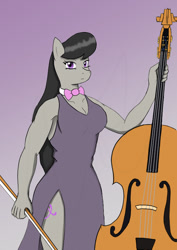 Size: 595x842 | Tagged: safe, artist:afhybrid, octavia melody, anthro, earth pony, bow, bowtie, breasts, cello, clothes, dress, female, musical instrument, side slit, simple background, solo