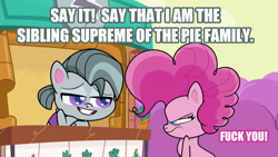 Size: 1920x1080 | Tagged: safe, derpibooru import, edit, edited screencap, screencap, octavio pie, pinkie pie, earth pony, pony, my little pony: pony life, pie vs. pie, spoiler:my little pony: pony life, angry, brother and sister, caption, female, fuck you, image macro, male, sibling supreme, siblings, text, vulgar