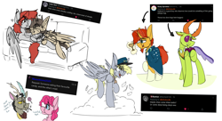 Size: 1920x1042 | Tagged: safe, artist:kirbirb, derpibooru import, derpy hooves, discord, pinkie pie, sunburst, thorax, oc, oc:scarlett lane, oc:snaggletooth, changedling, changeling, draconequus, earth pony, pegasus, pony, unicorn, candy, cloak, clothes, cloud, crying, cuddling, envy, food, hat, king thorax, levitation, lollipop, magic, mail, mailbag, mailmare, mailmare hat, request, sofa, telekinesis