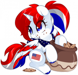 Size: 700x675 | Tagged: safe, artist:loyaldis, derpibooru import, oc, oc only, oc:liberty belle, american flag, cookie, cookie jar, crumbs, eating, female, food, mare, simple background, solo, transparent background