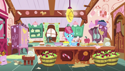 Size: 1920x1080 | Tagged: safe, derpibooru import, screencap, cup cake, the big mac question, apple, batter, carrot, cookie, female, food, pie, solo