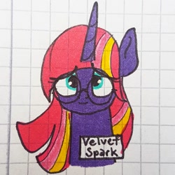 Size: 1080x1080 | Tagged: safe, artist:galaxy.in.mind, derpibooru import, oc, oc only, oc:velvet spark, pony, unicorn, bust, eyelashes, female, glasses, graph paper, horn, magical lesbian spawn, mare, offspring, parent:tempest shadow, parent:twilight sparkle, parents:tempestlight, traditional art, unicorn oc