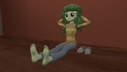 Size: 1192x670 | Tagged: safe, derpibooru import, wallflower blush, equestria girls, 3d, barefoot, clothes, cute, feet, fetish, foot fetish, foot focus, looking at you, missing shoes, shoes