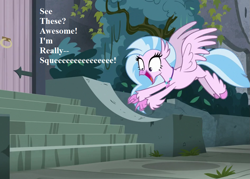 Size: 945x675 | Tagged: safe, derpibooru import, edit, edited screencap, editor:korora, screencap, silverstream, school daze, castle of the royal pony sisters, cropped, cute, diastreamies, irrational exuberance, jewelry, necklace, smiling, speech, squee, stairs, talking, that hippogriff sure does love stairs