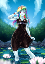 Size: 1240x1754 | Tagged: safe, artist:yuichi-tyan, derpibooru import, rainbow dash, equestria girls, breasts, cleavage, clothes, commission, digital art, dress, female, rainbow dash always dresses in style, solo, wet dress, ych result, your character here