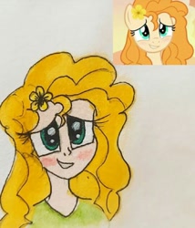 Size: 540x632 | Tagged: safe, artist:lunaart, derpibooru import, screencap, pear butter, earth pony, human, pony, the perfect pear, blushing, buttercup, cute, female, flower, flower in hair, humanized, mare, pearabetes, scene interpretation, screencap reference, solo