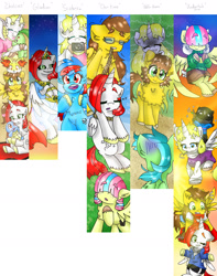 Size: 1500x1900 | Tagged: safe, artist:erichestnut, derpibooru import, oc, oc:ferrin winds, oc:gladion, oc:gladious cloud, oc:jasmine sweetcup, oc:tornado goodman, alicorn, pegasus, pony, alicorn oc, camera, cover art, horn, rope, wings