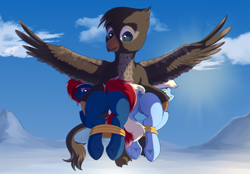 Size: 4165x2900 | Tagged: safe, alternate version, artist:dinoalpaka, derpibooru import, oc, oc only, oc:snap roll, oc:tailwind, griffon, pegasus, pony, fallout equestria, fallout equestria: frozen skies, bad end, bondage, butt, captured, carrying, dock, fanfic art, featureless crotch, female, frog (hoof), griffon oc, looking back, male, mare, plot, rcf community, rope, snow, tied up, underhoof, wings
