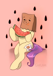 Size: 1431x2048 | Tagged: safe, artist:mari29511905, derpibooru import, oc, oc:paper bag, eating, fake cutie mark, food, seeds, sitting, tongue out, watermark, watermelon