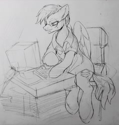 Size: 2345x2472 | Tagged: safe, artist:叉叉, derpibooru import, oc, oc only, oc:dr.picsell dois, pegasus, clothes, computer, facial hair, glasses, keyboard, lab coat, male, moustache, pencil drawing, sketch, stallion, traditional art