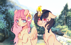 Size: 1280x812 | Tagged: safe, artist:九鹿, derpibooru import, fluttershy, oc, oc:forestar, pegasus, pony, unicorn, canon x oc, cute, day, flower, flower in hair, flutterstar, forest, glasses, happy, love, magic, sky