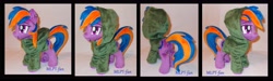 Size: 4624x1392 | Tagged: safe, artist:calusariac, derpibooru import, oc, oc:plushberry, pegasus, pony, clothes, ear piercing, female, hoodie, irl, lip piercing, mare, photo, piercing, plushie, solo