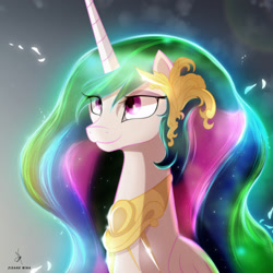 Size: 2160x2160 | Tagged: safe, alternate version, artist:zidanemina, derpibooru import, princess celestia, alicorn, pony, abstract background, bust, cute, cutelestia, portrait, smiling, solo