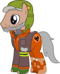 Size: 2356x2900 | Tagged: safe, artist:sketchmcreations, derpibooru import, earth pony, pony, clothes, coat, dirty, half-life: alyx, hat, jumpsuit, male, ponified, russell, simple background, solo, stallion, transparent background, vector