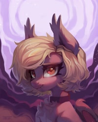 Size: 1984x2480 | Tagged: safe, artist:share dast, derpibooru import, oc, oc only, oc:dusk glider, bat pony, pony, bat pony oc, bat wings, collar, cute, female, looking at you, solo, wings