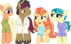 Size: 1280x805 | Tagged: safe, artist:cloudyglow, derpibooru import, aunt holiday, auntie lofty, mane allgood, snap shutter, earth pony, pegasus, pony, the last crusade, .ai available, clothes, female, male, mare, open mouth, raised hoof, simple background, stallion, transparent background, vector