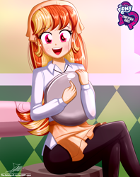 Size: 920x1160 | Tagged: safe, artist:the-butch-x, derpibooru import, oc, oc only, oc:mandarine mélange, equestria girls, butch's hello, crossed legs, cute, equestria girls logo, female, happy, hello x, looking at you, plate, signature, sitting, smiling, solo