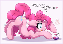 Size: 2160x1504 | Tagged: safe, artist:joakaha, derpibooru import, pinkie pie, earth pony, pony, crouching, face down ass up, female, mare, potion, simple background, solo, white background