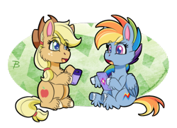 Size: 1200x867 | Tagged: safe, artist:inuhoshi-to-darkpen, derpibooru import, applejack, rainbow dash, earth pony, pegasus, pony, my little pony: pony life, cellphone, female, mare, open mouth, phone, simple background, smartphone, transparent background