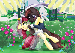 Size: 3508x2480 | Tagged: safe, artist:ali-selle, derpibooru import, roseluck, oc, oc:appleberry, earth pony, clothes, commission, cute, dancing, dress, marriage, wedding, wedding dress