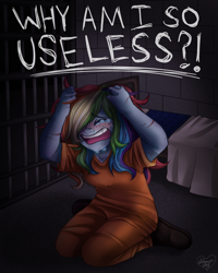 Size: 2000x2500 | Tagged: safe, artist:shimmer-shy, derpibooru import, rainbow dash, equestria girls, bed, cell, clothes, crying, freckles, grabbing hair, prison, prison outfit, prisoner rd, scratches, solo