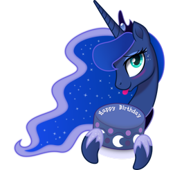 Size: 1280x1252 | Tagged: safe, artist:johnjoseco, artist:negatif22, derpibooru import, princess luna, alicorn, pony, .svg available, :p, birthday cake, blushing, bust, cake, cute, female, food, happy birthday, looking at you, lunabetes, mare, portrait, simple background, smiling, smiling at you, solo, tongue out, transparent background, vector