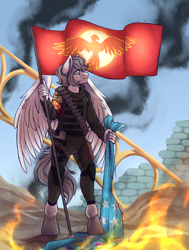 Size: 2265x3000 | Tagged: artist needed, safe, derpibooru import, oc, oc only, oc:light knight, anthro, pegasus, unguligrade anthro, clothes, fire, flag, military, military uniform, pegasus oc, solo, wings