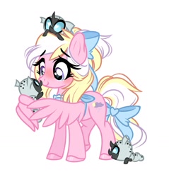 Size: 1895x1980 | Tagged: safe, artist:emberslament, derpibooru import, oc, oc:bay breeze, changeling, pegasus, pony, alternate hairstyle, apron, baby, baby changeling, blushing, bow, clothes, cute, female, hair bow, heart eyes, mare, mother, ocbetes, simple background, tail bow, white background, wing hands, wingding eyes, wings