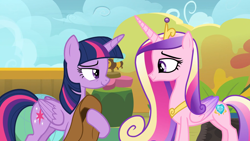 Size: 1920x1080 | Tagged: safe, derpibooru import, screencap, princess cadance, twilight sparkle, twilight sparkle (alicorn), alicorn, pony, once upon a zeppelin, cowboy hat, duo, duo female, female, hat, sisters-in-law