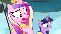 Size: 1920x1080 | Tagged: safe, derpibooru import, screencap, princess cadance, twilight sparkle, twilight sparkle (alicorn), alicorn, pony, once upon a zeppelin, duo, duo female, female, sisters-in-law