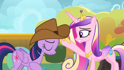 Size: 1920x1080 | Tagged: safe, derpibooru import, screencap, princess cadance, twilight sparkle, twilight sparkle (alicorn), alicorn, pony, once upon a zeppelin, cowboy hat, duo, duo female, female, hat, sisters-in-law