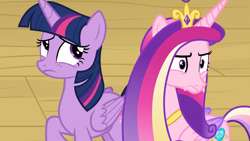 Size: 1920x1080 | Tagged: safe, derpibooru import, screencap, princess cadance, twilight sparkle, twilight sparkle (alicorn), alicorn, pony, once upon a zeppelin, duo, duo female, female, sisters-in-law